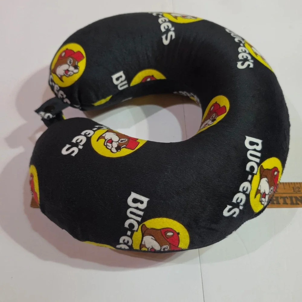Buc-ee's Beaver Logo Travel Neck Pillow Black Plush Snap Closure Texas Souvenir